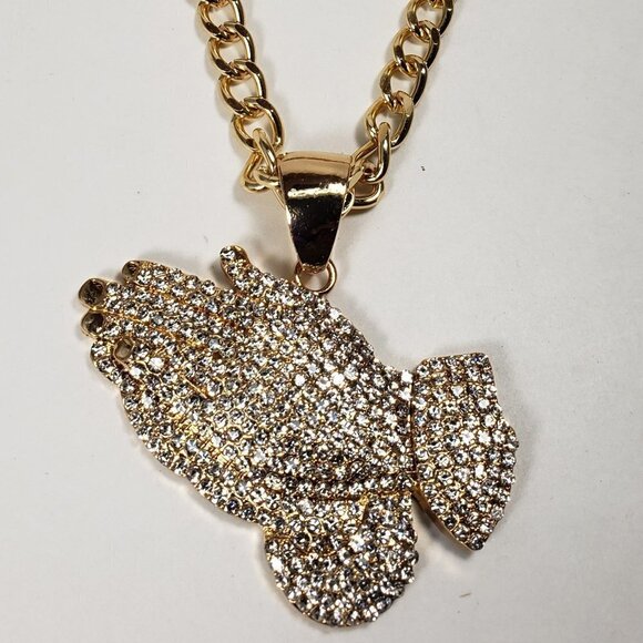 Gold-Tone Chunky Chain Necklace w/ Praying Hands Pendant  Unisex Fashion Jewelry - Picture 5 of 8